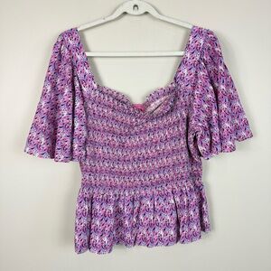 Simply Southern Top Womens XXL Smocked Paisley Pink Purple Fit & Flare Shirt